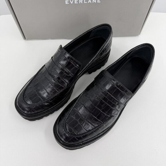 Everlane The Lug Loafer in Black Crocodile Leather size 7 Women's Chunky Heel - Picture 4 of 9